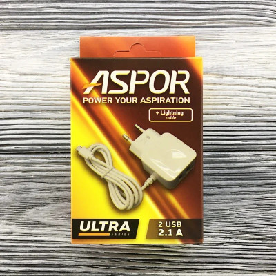СЗУ Aspor F14 Ultra Series 2.1A/2USB + USB кабель Lightning- белый