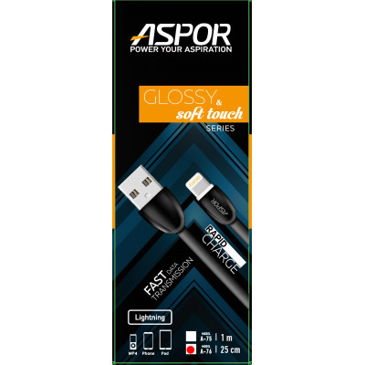 USB кабель Aspor A76 глянцевый для P.B (2A/0.25м)- Lightning- черный
