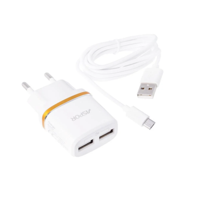 СЗУ Aspor A828 Econom пак (2USB/2.4A) + USB кабель Micro- белый