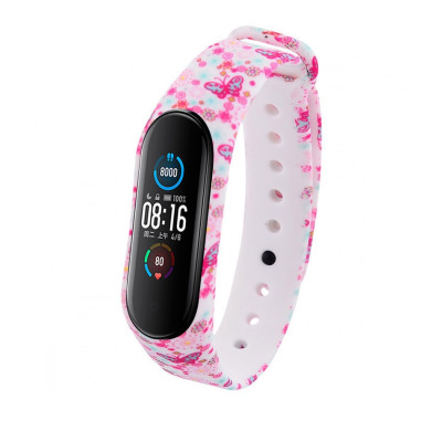 Ремешок силиконовый для Mi Band 5 Fancy- №10 розовые цветы