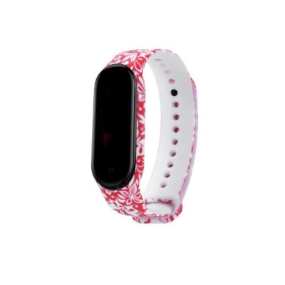 Ремешок силиконовый для Mi Band 5 Fancy- №5 красные цветы
