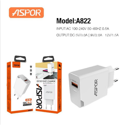 Мережевий зарядний пристрій Aspor A822 Fast Charger (18W QC3.0 1USB/3A) + USB кабель Type-C- білий