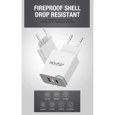 СЗУ Aspor A826 PD + QC Fast Charger 2в1 Type-C + Lightning- белый