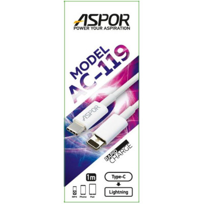 USB-C кабель Aspor AC-119 PD Type-C to Lightning 2A/1м- белый