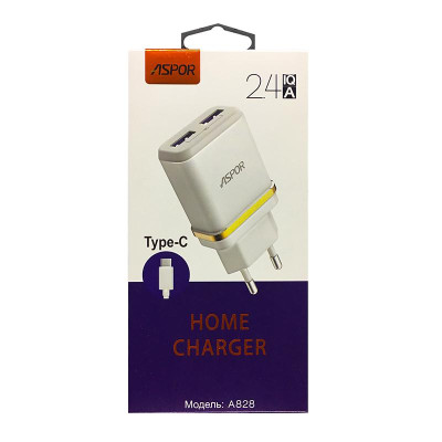 СЗУ Aspor A828 Econom пак (2USB/2.4A) + USB кабель Type-C- белый