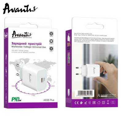 Мережевий зарядний пристрій Avantis A838 Plus QC3.0 (PD 20W)- білий