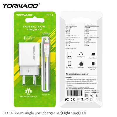 Мережевий зарядний пристрій Tornado TD-14 (1USB/2.1A/1м) + USB кабель Lightning- білий
