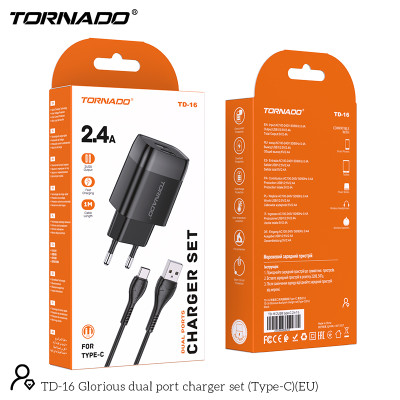 СЗУ Tornado TD-16 (2USB/2.4A/1м) + USB кабель Type-C- черный