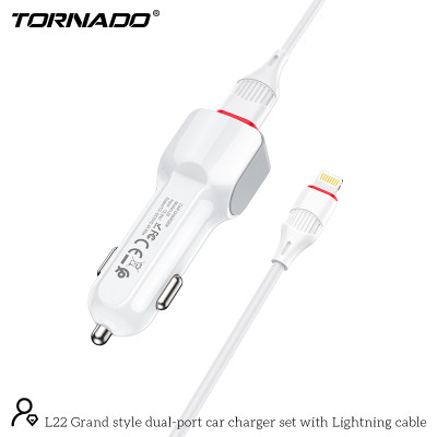 Автомобільний зарядний пристрій Tornado L-22 (2USB/2.4A/1м) + USB кабель Lightning- білий