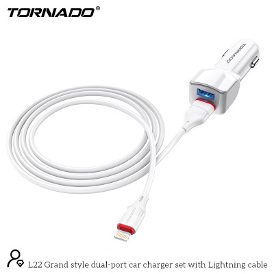 Автомобільний зарядний пристрій Tornado L-22 (2USB/2.4A/1м) + USB кабель Lightning- білий