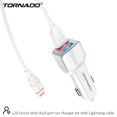 Автомобільний зарядний пристрій Tornado L-22 (2USB/2.4A/1м) + USB кабель Lightning- білий