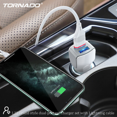 Автомобільний зарядний пристрій Tornado L-22 (2USB/2.4A/1м) + USB кабель Lightning- білий