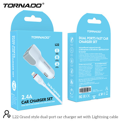 Автомобільний зарядний пристрій Tornado L-22 (2USB/2.4A/1м) + USB кабель Lightning- білий