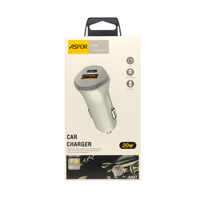 Автомобільний зарядний пристрій Aspor A907 блочок (1USB/1USB-C/3.0A)- білий
