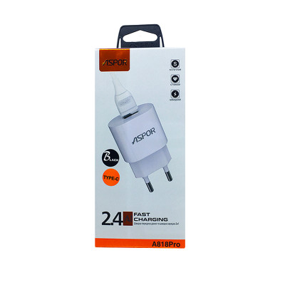 Мережевий зарядний пристрій Aspor A818 Plus (2.4A iQ) + USB кабель Type-C- чорний
