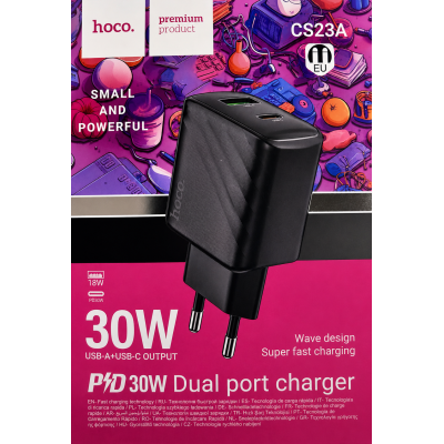 Мережевий зарядний пристрій Hoco CS23A QC3.0 PD 30W (USB/Type C)-чорний
