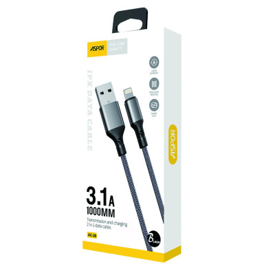 USB кабель Aspor AC-26 Lightning 3.1A/1м- чорний