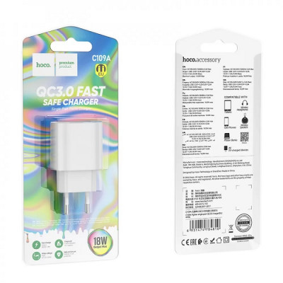 Мережевий зарядний пристрій Hoco C109A QC3.0 (1 USB/3,0.A)- білий