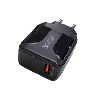 Мережевий зарядний пристрій Aspor F002С QC3.0/1USB + USB кабель Lightning- черний