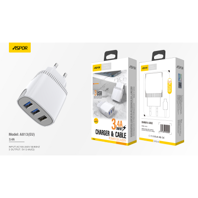 Мережевий зарядний пристрій Aspor A813 (3USB/3.4A)- білий
