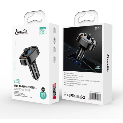 Bluetooth FM модулятор (трансмітер) Avantis ACC03 18W/QC3.0- чорний