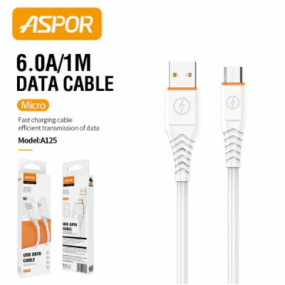 USB кабель Aspor A125 Micro Quick Charge 6A/1м- білий