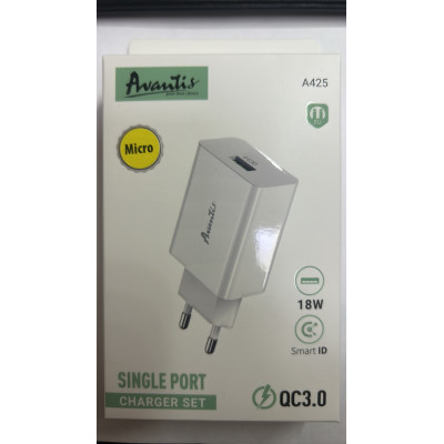 Мережевий зарядний пристрій Avantis A425 QC3.0 (1USB/3.0A/18W) + Micro cable- білий