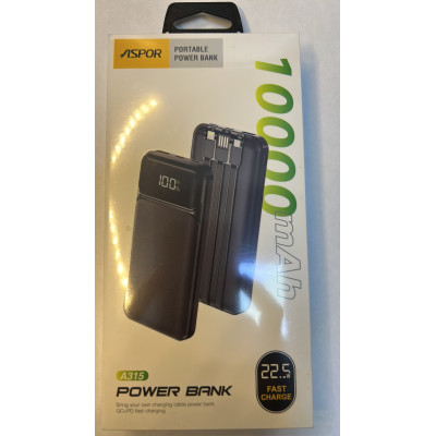 Power Bank Aspor A315 Fast Charge 10000mAh (USB-C/USB/Type-C/Lightning/22.5W)- чорний