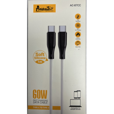 USB кабель Avantis AC-87cc PD Silicone (60W) Type-c to Type-c- чорно-білий