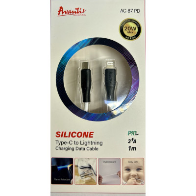 USB кабель Avantis AC-87 PD Silicone (20W) Type-c to lightning- чорно-білий