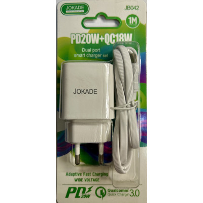 Мережевий зарядний пристрій Jokade JB042 (USB-C/USB/QC18W/PD20W) + кабель Type-C to Type-C -білий