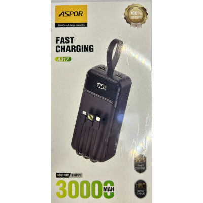 Power Bank Aspor A317 Fast Charge 30000mAh (USB-C/USB/Type-C/Lightning/22.5W)- чорний