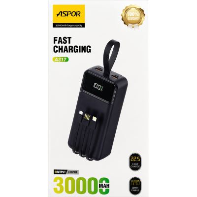Power Bank Aspor A317 Fast Charge 30000mAh (USB-C/USB/Type-C/Lightning/22.5W)- чорний