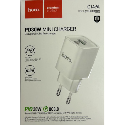 Мережевий зарядний пристрій Hoco C149А (USB/USB-C/PD30W/QC3.0)- білий