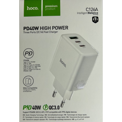 Мережевий зарядний пристрій Hoco C126А (USB/USB-C/USB-C/PD40W)- білий