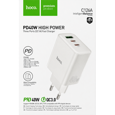 Мережевий зарядний пристрій Hoco C126А (USB/USB-C/USB-C/PD40W)- білий