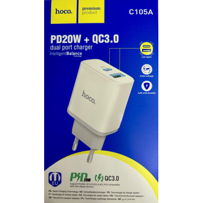 Мережевий зарядний пристрій Hoco C105А (USB/USB-C/PD25W/QC3.0)- білий