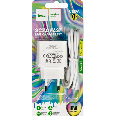 Мережевий зарядний пристрій Hoco C109A (USB/QC3.0) + USB кабель Type-C- білий