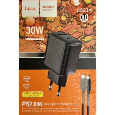 Мережевий зарядний пристрій Hoco CS23А (USB/USB-C/PD30W/QC3.0) + кабель Type-C to Type-C- чорний