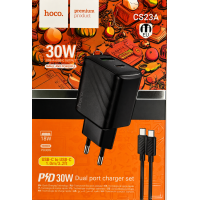 Мережевий зарядний пристрій Hoco CS23А (USB/USB-C/PD30W/QC3.0) + кабель Type-C to Type-C- чорний