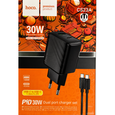 Мережевий зарядний пристрій Hoco CS23А (USB/USB-C/PD30W/QC3.0) + кабель Type-C to Type-C- чорний