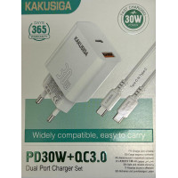 Зарядний пристрій Kakusiga KSC-1640 (1USB/USB-C/30W) + кабель Type-C - Type-C- білий