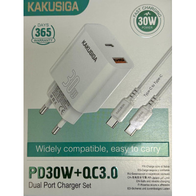 Зарядний пристрій Kakusiga KSC-1640 (1USB/USB-C/30W) + кабель Type-C - Type-C- білий