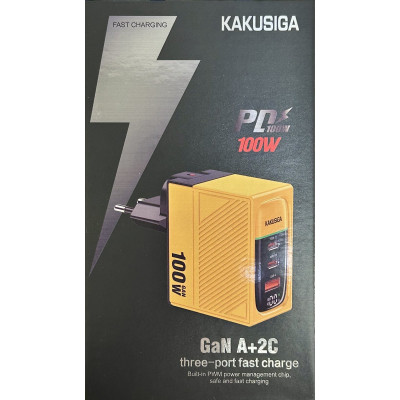 Мережевий зарядний пристрій Kakusiga KSC-1219 (2USB-C/USB/100W)- жовтий