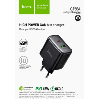 Мережевий зарядний пристрій HOCO C158A Upgrade PD45W (1USB-A/1C) (Black)