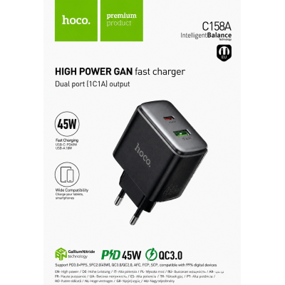 Мережевий зарядний пристрій HOCO C158A Upgrade PD45W (1USB-A/1C) (Black)