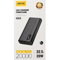 Power Bank Aspor A336 20000mAh Fast Charge (2USB/Type-C/Micro/22.5W)- чорний