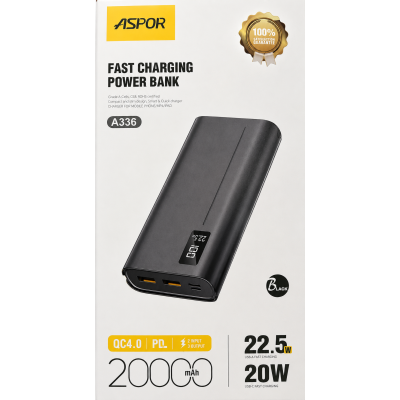 Power Bank Aspor A336 20000mAh Fast Charge (2USB/Type-C/Micro/22.5W)- чорний