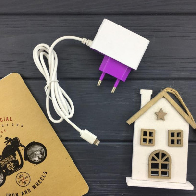 СЗУ с LED логотипом Apple (YJ200) 2USB/2.1А с цельным кабелем Lightning