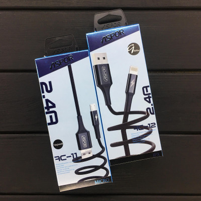 USB кабель Aspor AC-12 Lightning 2.4A/1.2м- черный